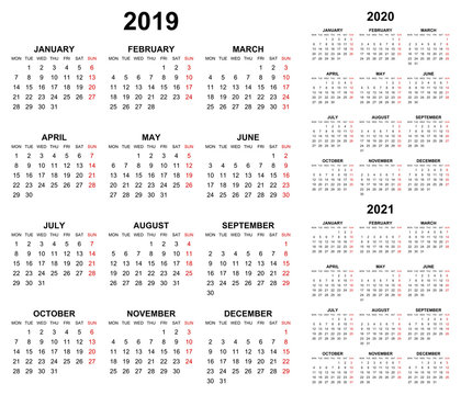 Simple editable vector calendars for year 2019 2020 2021 mondays first sundays in red