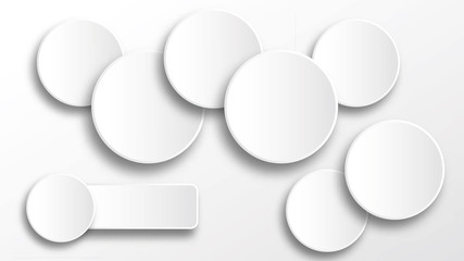 Abstract background with cut paper geometric shapes, speech bubbles, circles. Vector illustration.