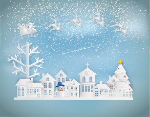 Paper art style of Merry Christmas and Happy New Year. Santa Claus on the sky coming to City. with winter landscape and stars is glitter in the sky.