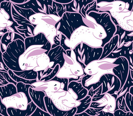 Obraz premium Where the bunnies sleep - seamless blue and pink pattern