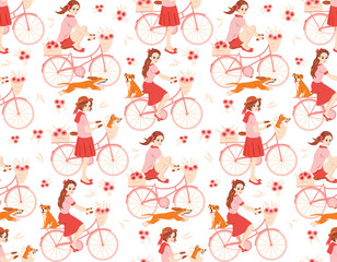 Cycling - seamless pattern with cartoon girls, bicycles, flowers, dogs