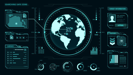 UI interface, earth globe, control center, command, game, vector with graphs © Adam