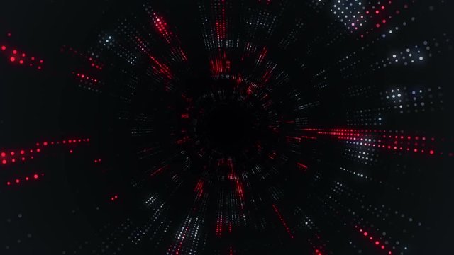 Animation of flying into digital technologic tunnel from glowing and flickering particles. Animation of seamless loop.