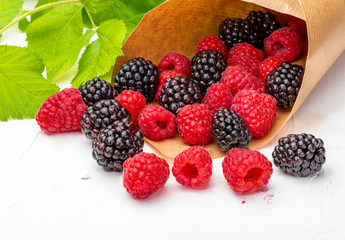 They look like artificial treats! But they are delicious and beautiful blackberries and fresh raspberries. Isolated on white background.
