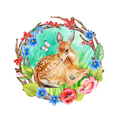Fawn, Deer in a floral frame in a ring, wreath isolated on a white background.  Watercolor. Illustration. Template. Hand drawing. Clipart. Close-up