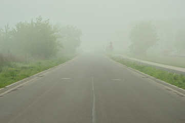 Fototapeta premium Droga wśród drzew we mgle w jesienny poranek.