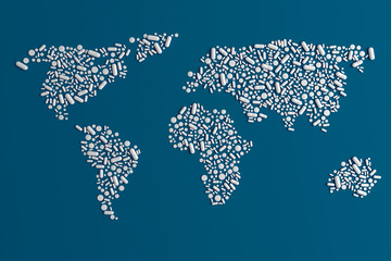 Background of scattered on a plain blue background of many tablets in the form of a silhouette of the continents of the world 3d illustration