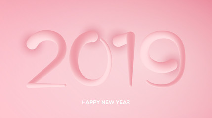 Happy New Year 2019 text made of abstract piggy tails over pink background