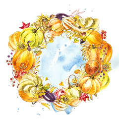 Autumn leaves and pumpkins wreath with space text on white background. Seasonal floral maple oak tree orange leaves with gourds for thanksgiving holiday, harvest decoration watercolor design.
