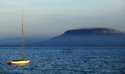 Single sailing boat on Lake Balaton