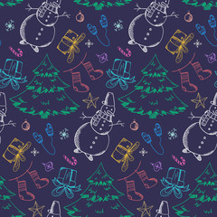 Dark Christmas seamless pattern with bright outline doodle elements. Winter texture with colorful line firs, snowmen, giftbox, santa, stockings for textile, wrapping paper, wallpaper, new year decor