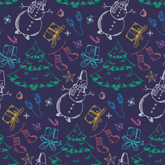 Dark Christmas seamless pattern with bright outline doodle elements. Winter texture with colorful line firs, snowmen, giftbox, santa, stockings for textile, wrapping paper, wallpaper, new year decor