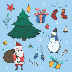 Big colorful set of doodle Christmas elements including fir, snowman, Santa Claus, giftboxes, mittens, stocking, branch on blue background for new year banner design, stickers, kids apps