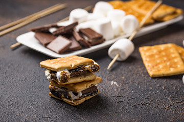 Homemade s'mores with crackers, marshmallows and chocolate