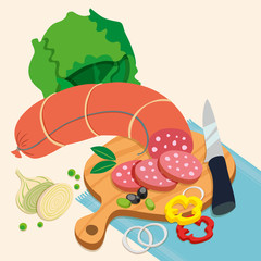 Vector illustration of sausage. Smoked sausage with fresh herbs.