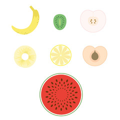 A set of fruits: banana, kiwi, apple, pineapple, orange, peach, watermelon. A set of sweet halves frkutov