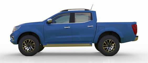 Blue commercial vehicle delivery truck with a double cab. Machine without insignia with a clean empty body to accommodate your logos and labels. 3d rendering. © whitecityrecords