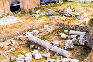 View of the Archaeological excavations on the Roman Forums. Ruins of Ancient Rome.