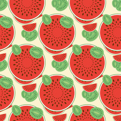 Watermelon and kiwi pattern. Fresh fruit halves pattern