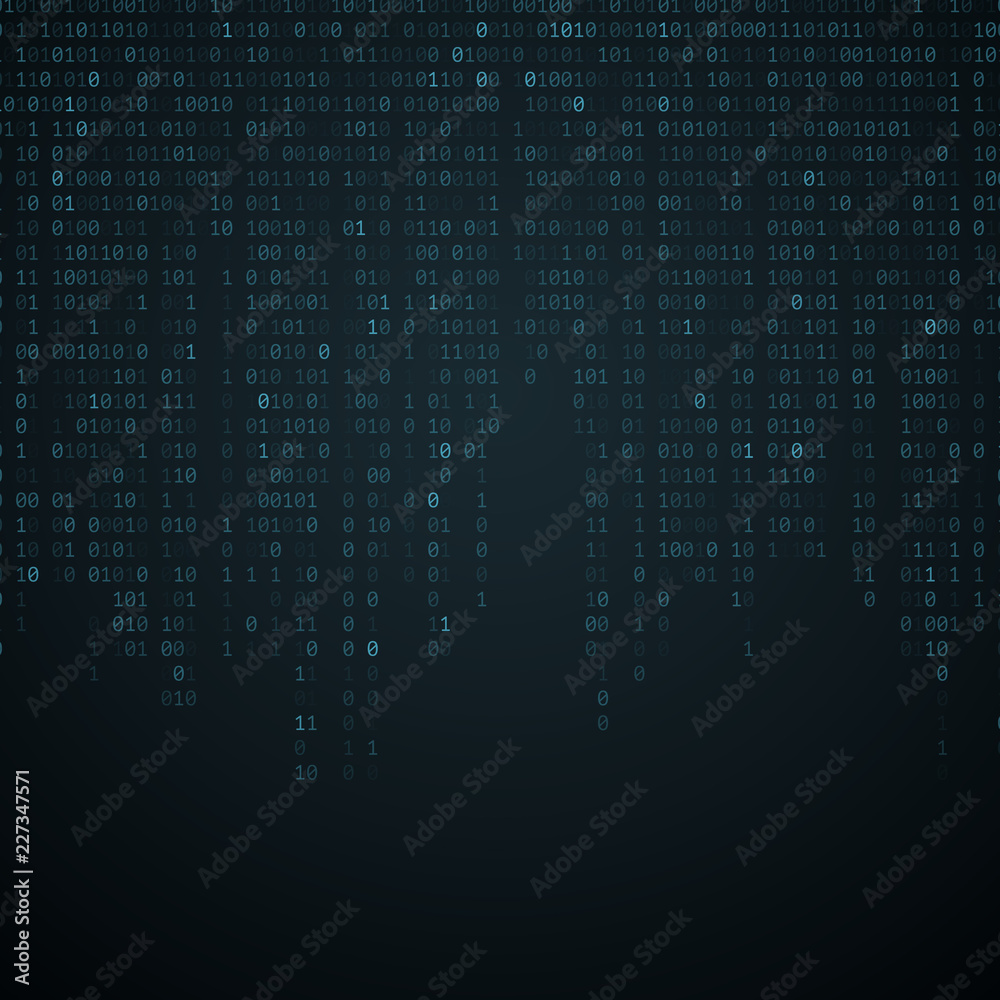 Poster binary code background. blue glow. falling figures. global network. high technologies, programming, 