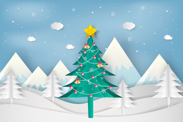 Paper art style of Merry Christmas and Happy New Year. christmas tree in winter with  landscape background