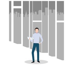 Urban landscape and businessman with laptop in hands. Life and business in the city. Vector illustration