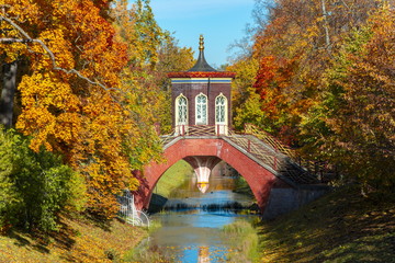 Cross bridge in autumn in Alexander park, Tsarskoe Selo (Pushkin), St. Petersburg, Russia