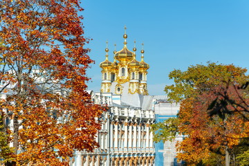 Catherine palace dome in autumn foliage, Tsarskoe Selo, Saint Petersburg, Russia