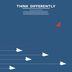 Think different. Think differently concept. Red airplane changing direction. New idea, change, trend, courage, creative solution, innovation and unique way concept. 