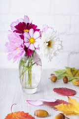 A small vase with autumn flowers is on the table with yellow and red leaves and fallen acorns.