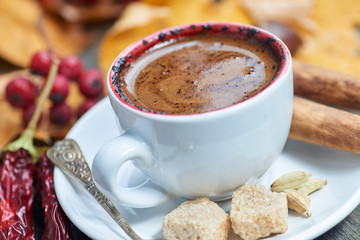A cup of coffee with chili. Hot steaming cup of coffee. Autumn fall leaves.