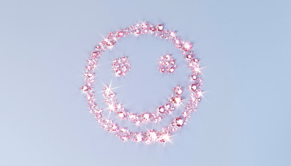 A lot of pink precious stones scattered on the surface in the form of a smiling face. 3d illustration