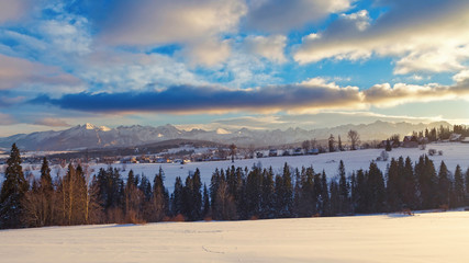 Distant Tatry mountains winter panorama