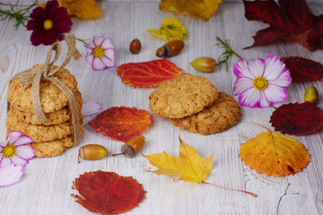 Autumn still life on the table with homemade oatmeal cookies