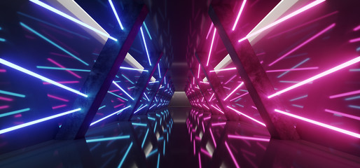 Modern Futuristic Sci Fi Spaceship Triangle Dark Empty Corridor With Door And Purple And Blue Neon Glowing Tube Lights Reflections Background 3D Rendering