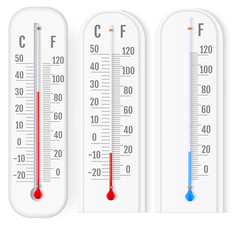 Classic outdoor and indoor fahrenheit and celsius thermometers set for meteorological measurements realistic vector illustration - obrazy, fototapety, plakaty