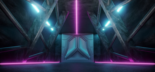 Modern Futuristic Sci Fi Spaceship Triangle Dark Empty Corridor With Door And Purple And Blue Neon Glowing Tube Lights Reflections Background 3D Rendering