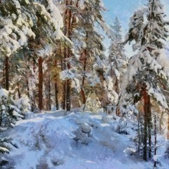 Fototapeta na wymiar Hand drawing watercolor art on canvas. Artistic big print. Original modern painting. Acrylic dry brush background. Beautiful winter forest landscape. Wonderful travel view. Charming snow resort.