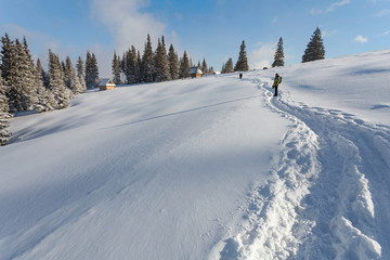 Winter landscape of tourist walking to the "Rusinowa Polana" - glade in Tatry Mountains, Poland © lukszczepanski