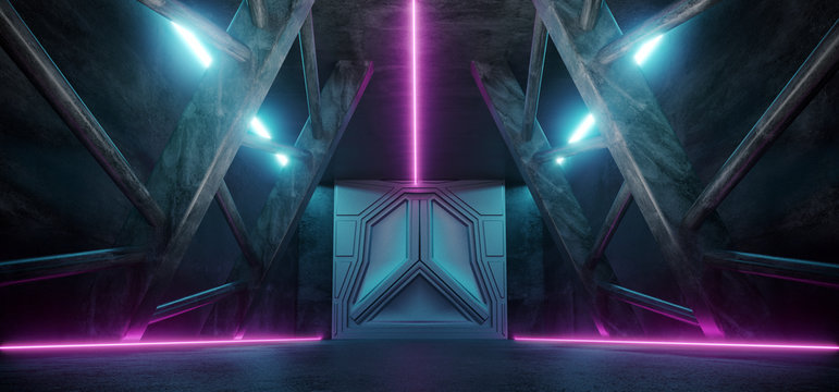 Modern Futuristic Sci Fi Spaceship Triangle Dark Empty Corridor With Door And Purple And Blue Neon Glowing Tube Lights Reflections Background 3D Rendering © IM_VISUALS