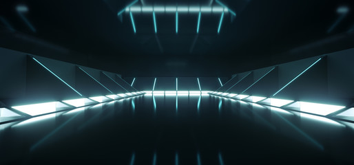Futuristic Modern Sci Fi Dark Empty Spaceship Tunnel Corridor Room With Blue White Glowing Lights And Reflections Technology Concept Background 3D Rendering - obrazy, fototapety, plakaty