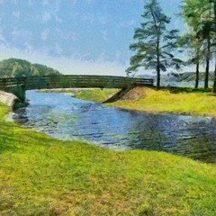 Hand drawing watercolor art on canvas. Artistic big print. Original modern painting. Acrylic dry brush background. Beautiful landscape. Wonderful travel view. Charming village resort.