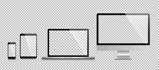 Perfect Realistic set of monitor, laptop, tablet, smartphone - Stock Vector.