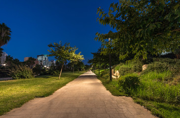 landscape of Turia River gardens Jardin del Turia, leisure and sport area in Valencia, Spain. With trees, grass and water, wide angle, lights lighting, night view panorama.