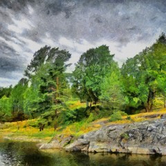 Obraz premium Hand drawing watercolor art on canvas. Artistic big print. Original modern painting. Acrylic dry brush background. Beautiful autumn landscape. Wonderful travel view. Charming resort.