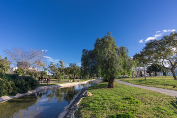 landscape of Turia River gardens Jardin del Turia, leisure and sport area in Valencia, Spain. With trees, grass and water