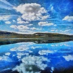 Handzeichnung Aquarellkunst auf Leinwand. Künstlerischer Großdruck. Ursprüngliche moderne Malerei. Acryl trockener Pinselhintergrund. Schöne Bergseelandschaft. Wunderbare Reiseansicht. Charmantes Resort. © Pavel