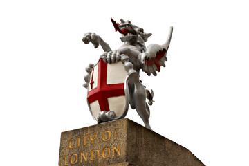 City of London Griffin on pedestal isolated on white background, shallow focus