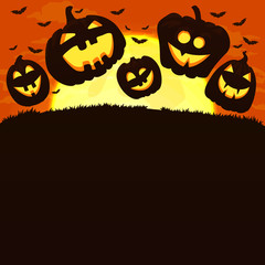 Smiling pumpkins jumping on a grass. Spooky orange background with full moon, clouds and bats.Halloween poster design.
