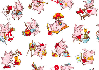 Background of funny pigs. Seamless pattern of vector illustrations. Gift wrapping. Textile. 2019 Chinese New Year of the Pig